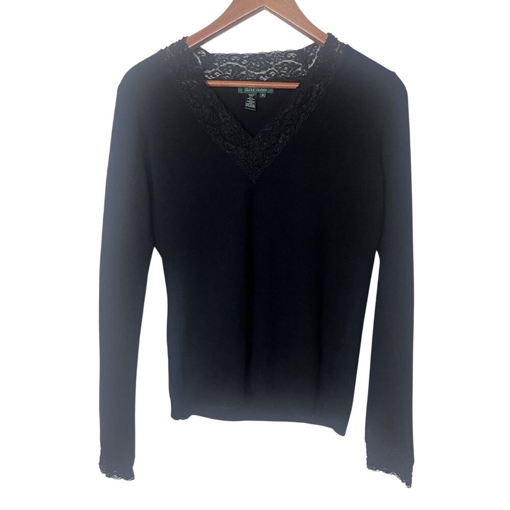 Lauren Ralph Lauren Beaded Lace Sweater Silk/Cashmere Women’s Sz Medium Black
